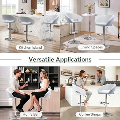 Adjustable Bar Stool with Hollow Back and Arms, Modern PU Leather Swivel Barstool, Airlift Counter Height Bar Chair for Kitchen Dining Room (Pearl White)