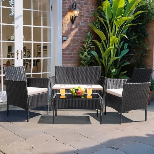 Patio Furniture 4 Pieces Conversation Sets Outdoor Wicker Rattan Chairs Garden Backyard Balcony Porch Poolside loveseat with Cushion and Glass Table, Black and Beige