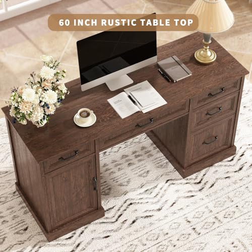 58'' Farmhouse Executive Desk with Drawers, Home Office Desk with File Drawer and Storage Cabinet, Rustic Computer Desk for Working, Studying, Writing, Brown