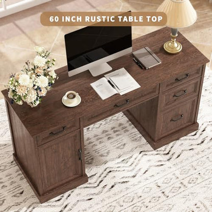 58'' Farmhouse Executive Desk with Drawers, Home Office Desk with File Drawer and Storage Cabinet, Rustic Computer Desk for Working, Studying, Writing, Brown