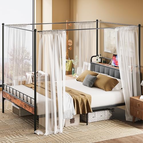 Canopy Bed Frame Full, Storage Headboard with Charging Station, view 6