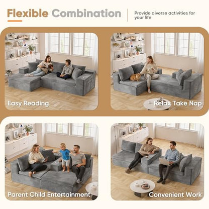 109" Boneless Couch with Memory Foam, Modular Sectional Sofa with L-Shape Chaise, Cloud Couch with Deep Seat, Dual Cup Holders & Side Pockets, No Assembly Required (Gray)