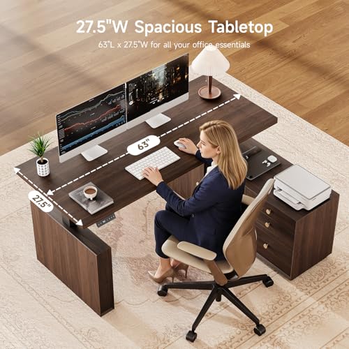 63" L Shaped Standing Desk w/File Cabinet, Sit Up Desk, Walnut, view 4