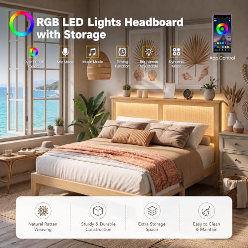 Queen Size Wood Bed Frame with LED Light and Rattan Headboard, view 4