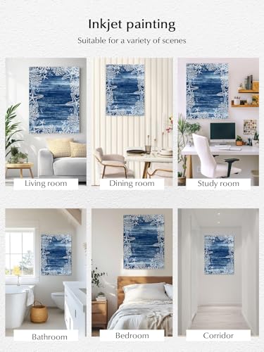 NuYeBiofx Summer Ocean Starfish Coral Canvas Wall Art Prints,48"x32" Framed Picture Artwork Coastal Navy Blue Marine Creature Printed Canvas Oil Painting for Living Room Bedroom Office,Ready to Hang