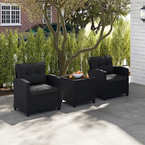 3 Pieces Patio Furniture Set, Wicker Conversation Set Outdoor Chairs with Cushions, Glass Coffee Table, Rattan Bistro Set for Front Porch Balcony Garden Deck Poolside (Black)