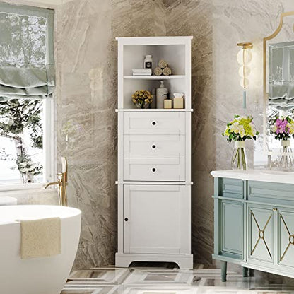 69 Inch Tall Corner Storage Cabinet with Adjustable Shelves, White | White MDF, bathroom kitchen or living room, adjustable shelves, open shelf, enclosed cabinet, triangle compartments, 23 in W