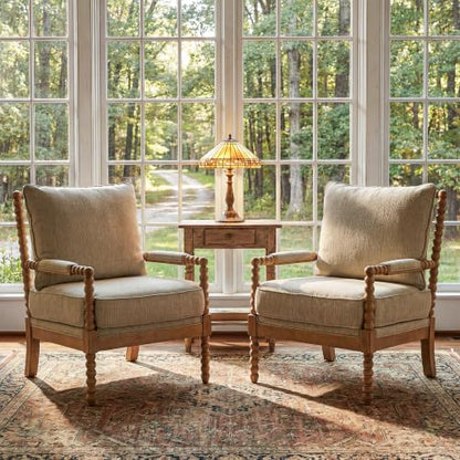 Linen Fabric Spindle Accent Chair with Wood Frame, French Style Accent Chairs with Padded Spring Seat and Armrest Pads, Brushed Base for Living Room Bedroom Farmhouse Office Balcony(Beige)