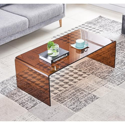Glass Coffee Table, Modern Amber Coffee Tables for Living Room, Small Rectangle Tempered Glass Waterfall Sofa End Table, 39.4" x 19.7" x 13.78“