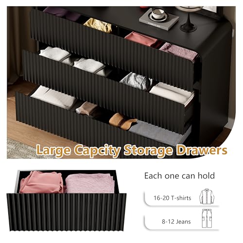 Black Dresser Fluted 6 Drawers Dresser for Bedroom, view 5
