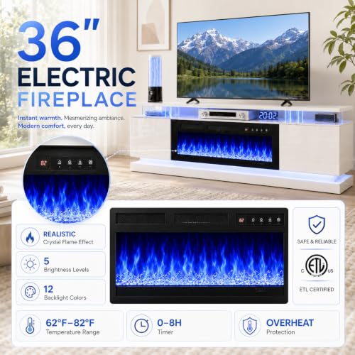 70" Fireplace TV Stand for TVs up to 80", White & Black, view 6