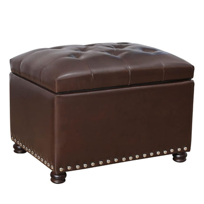 Leather Ottoman with Storage,24’’Foot Rest Ottomans with Hinged Lid Rectangle Upholstered Foot Stools Nailhead Trim for Living Room Bedroom,Classic Brown