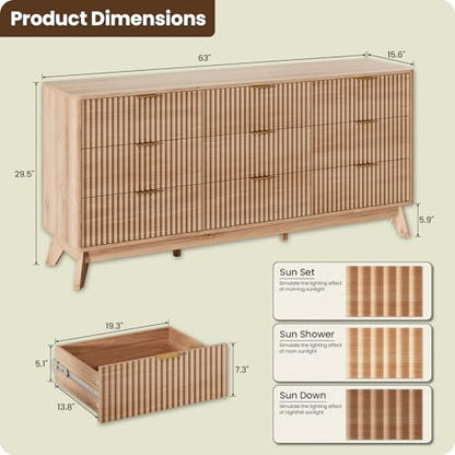 63" Wide Fluted 9 Drawers Dresser for Bedroom,Curved Edge,Oak, view 3