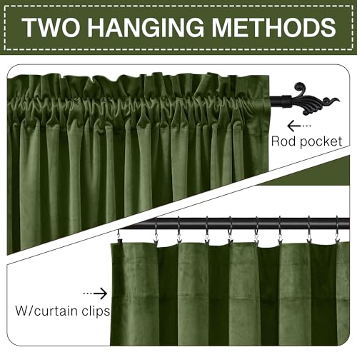 Moss Green Christmas Velvet Curtains 72 inches Long 2 Panels Set, Solid Thick Room Darkening Window Drapes Privacy Protect Thermal Insulated for Living/Dining Room, W52 x L72