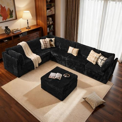 Modular Sectional Sofa,7 Pieces Sectional Couches for Living Room,131X66 U Shaped Cloud Couch with Ottoman Chaise Set(Black Velvet Corduroy)