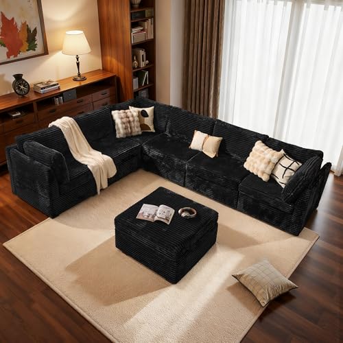 Modular Sectional Sofa,7 Pieces Sectional Couches for Living Room,131X66 U Shaped Cloud Couch with Ottoman Chaise Set(Black Velvet Corduroy)