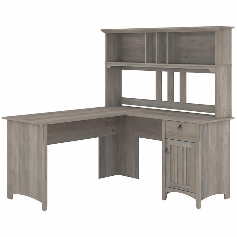 Salinas L Shaped Desk with Hutch in Driftwood Gray | Corner Table with Drawers and Storage for Home Office
