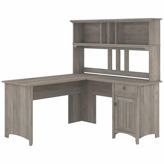 Salinas L Shaped Desk with Hutch in Driftwood Gray | Corner Table with Drawers and Storage for Home Office