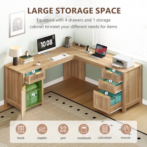 59" Fluted L Shaped Desk with Drawers & Storage Cabinet for Home Office, view 5