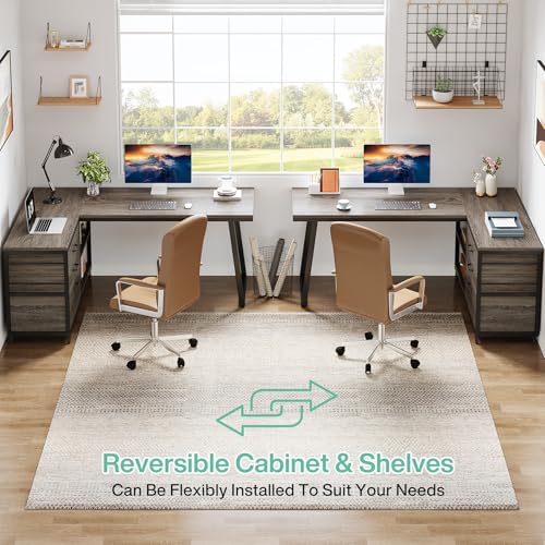 Tribesigns 53" L Shaped Office Desk, Reversible Corner Computer Desk with 3 File Drawers and 2 Storage Shelves for Home Office, Study, Gaming Room (Grey)