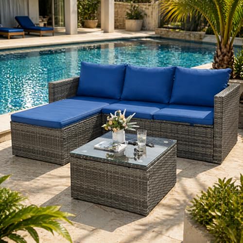 Small Outdoor Sofa Patio Furniture Set with Detachable Cushions, 3 PCS Patio Sectional Sofa with Coffee Table & 5 Position Adjustable,PE Rattan Patio Conversation Set, Silver Rattan/Royal Blue