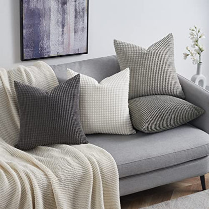 Grey Couch Pillow Covers for Living Room 45x45 cm Set of 4,Mid Century Modern White Neutral Corduroy Corn Throw Pillows,Rustic Square Bench Chair Cushion(18 Inch/Grey)