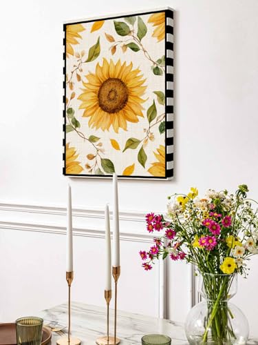 NuYeBiofx Farmhouse Sunflower Leaf Canvas Wall Art Prints,30"x20" Framed Picture Artwork Black Stripe Retro Linen Printed Canvas Oil Painting for Living Room Bedroom Office,Ready to Hang