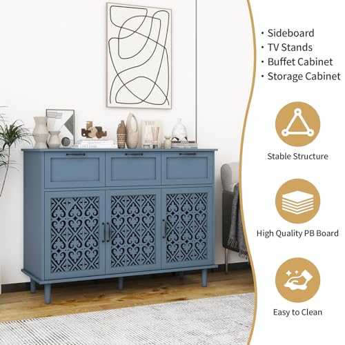 Blue 3 Doors 3 Drawers Buffet Sideboard Cabinet - Accent Cabinet with Adjustable Shelves，47 Inch Wide Wood Storage Cabinets for Dining Room,Living Room and Kitchen