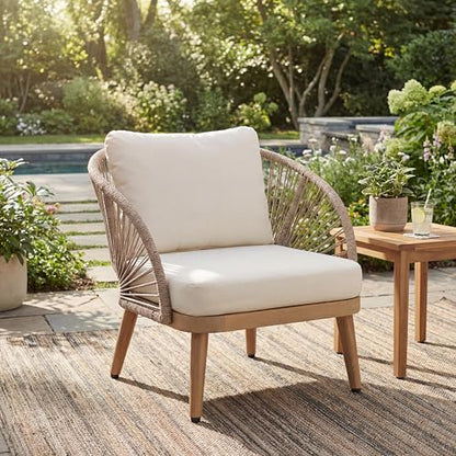 Lydia Boho Patio Furniture Acacia Wood Club Chair, Outdoor Lounge Chair, Modern Tub Accent Chair with Rope Woven and Removable Cushions, Deep & Sturdy Seating, Natural+Beige
