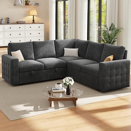86" Sectional Sleeper Sofa Bed, 5 Seat Pull Out Couch with Storage, Gray | L Shaped Sectional Couches for Living Room, Apartment and Guest Room, Chenille Upholstered Sectional Couch