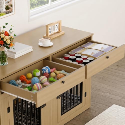 60 Inch Double Dog Crate Furniture with Storage Drawers, view 6