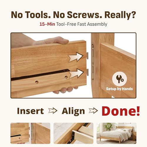 Solid Wood Bed Frame with Rubberwood Platform, Quiet Stability Design, view 4