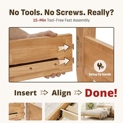 Solid Wood Bed Frame with Rubberwood Platform, Quiet Stability Design, view 4