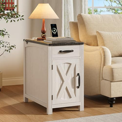 Farmhouse End Table with Charging Station, Narrow Side Table with Barn Door, Rustic Wood Sofa Side Table with Drawer and Storage Cabinet, 23.5" Small Nightstand for Living Room (Rustic White)