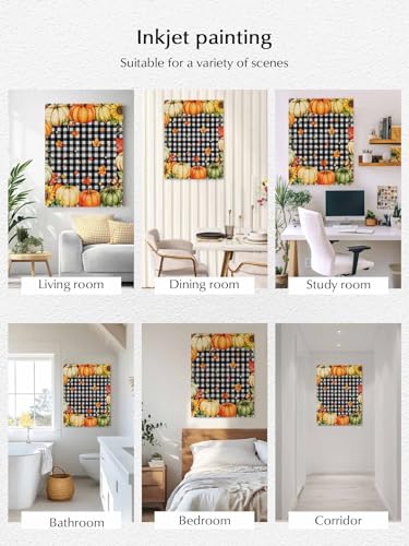 NuYeBiofx Thanksgiving Autumn Orange Pumpkins Canvas Wall Art Prints,30"x20" Framed Picture Artwork Buffalo Plaid Frame Printed Canvas Oil Painting for Living Room Bedroom Office,Ready to Hang