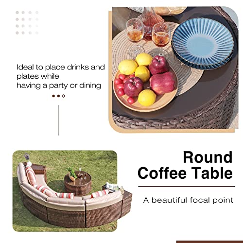 Outdoor 7-Piece Half-Moon Sectional Furniture Set with Round Coffee Table, Patio Curved Sofa Set, Beige Cushion and Brown Wicker, Incl. Waterproof Cover