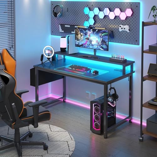 Black Gaming Desk with LED Lights and Power Outlets, view 3