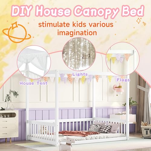 Full Size Canopy Bed Frame with 4 Posters and Guardrails for Kids, view 4