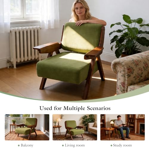 Accent Chair, Mid-Century Modern Velvet Lounge Chair with Wood Arms | Thick Cushioned Seat, Solid Wood Arms, Ergonomic Comfort for Living Rooms, Bedrooms, Reading Rooms & Reception Areas, Green