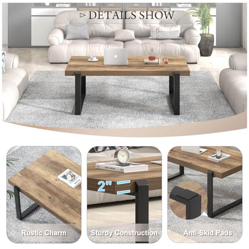 Rustic Coffee Table, Modern Wood and Metal Industrial Center Table for Living Room, 47 Inch Oak