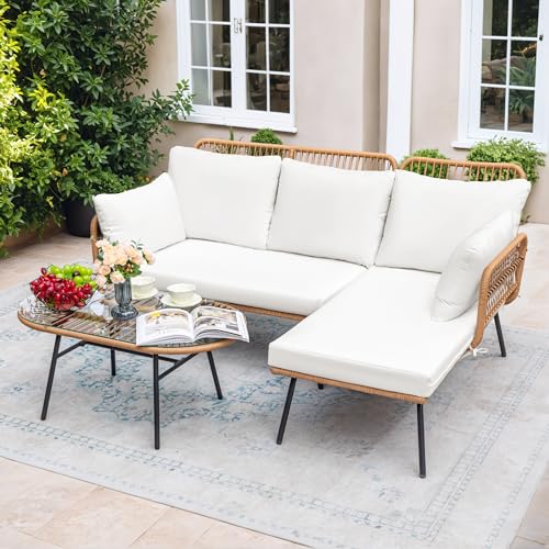 Outdoor Rope Woven Patio Furniture L-Shaped Conversation Sectional Sofa Set Detachable Lounger for Backyard Porch with Thick Cushions & Long Table, White