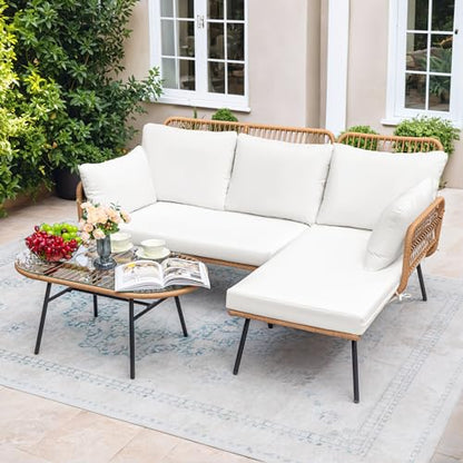 Outdoor Rope Woven Patio Furniture L-Shaped Conversation Sectional Sofa Set Detachable Lounger for Backyard Porch with Thick Cushions & Long Table, White