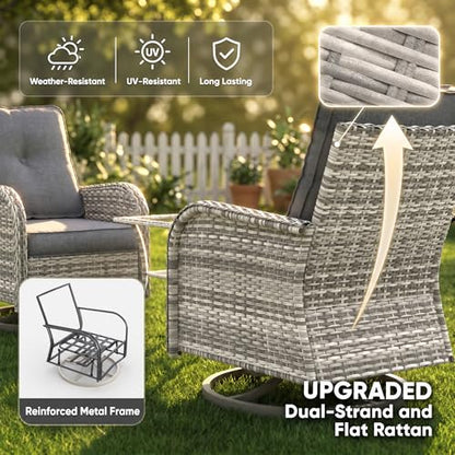 3-Piece Small Patio Furniture Set, Outdoor Swivel Rocking Chairs Set with Wicker Chairs and Tempered Glass Side Table, Outdoor Furniture Patio Bistro Set for Balcony, Deck, Porch