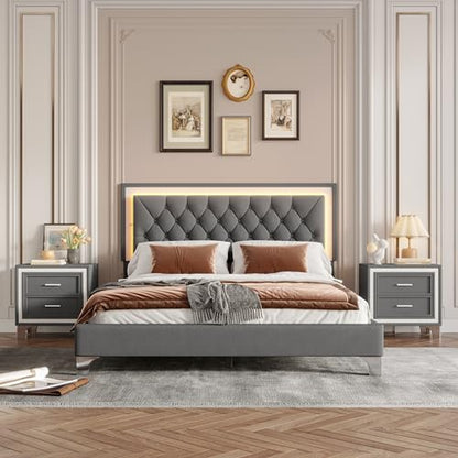 3 Pieces Bedroom Set, Queen Size Upholstered Platform Bed Frame with LED Lights and 2 Nightstands,Farmhouse Bedroom Furniture Set,Gray
