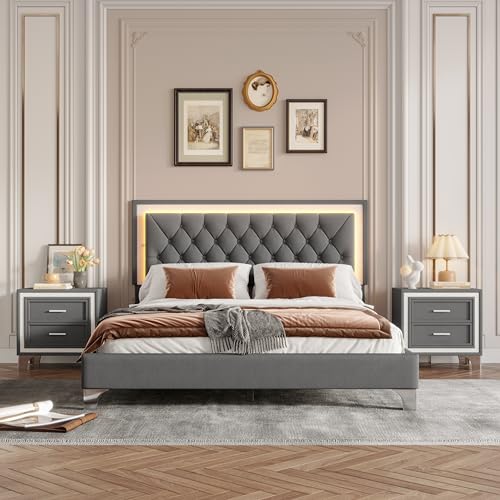 Bedroom Sets, 3-Pieces Bedroom Sets, Queen Size Upholstered Platform Bed with LED Lights and 2 Nightstands, Gray