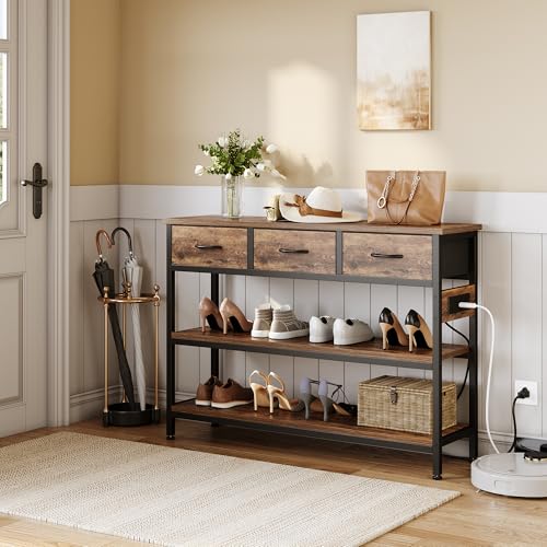 Entryway Table with Outlets, 3 Fabric Drawers, 43 in Console Table | 43.3"W x 11.8"D entry table with 2 outlets, 2 USB ports, swappable plug side, adjustable feet and anti-tip kit.