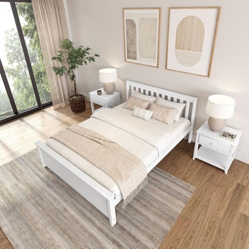 Solid Wood Queen Bed Frame, Platform Bed with Headboard, White