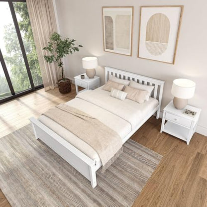 Solid Wood Queen Bed Frame, Platform Bed with Headboard, White