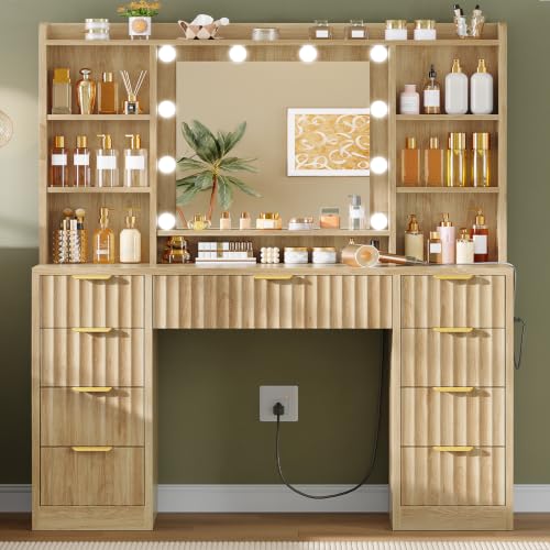 Fluted Vanity Desk with Mirror and Lights, Power Outlet, view 2