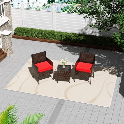 3 Pieces Patio Furniture Set, Outdoor Conversation Sets, Wicker Rattan Chairs for Garden Backyard Balcony Porch Poolside, Set with Glass Table and Soft Cushions (Brown+Red)